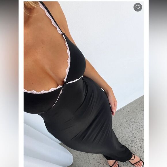 NWT White Fox Only the Young black maxi dress XL pink lace trim - Picture 1 of 8